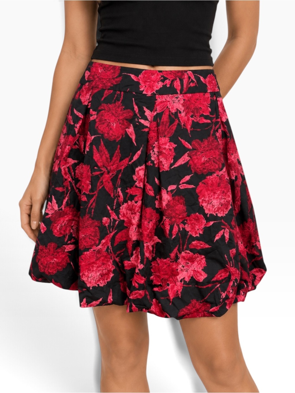 New York & Company Black Pink Floral Bubble Mini Skirt Tulip Hem‎ Size 6